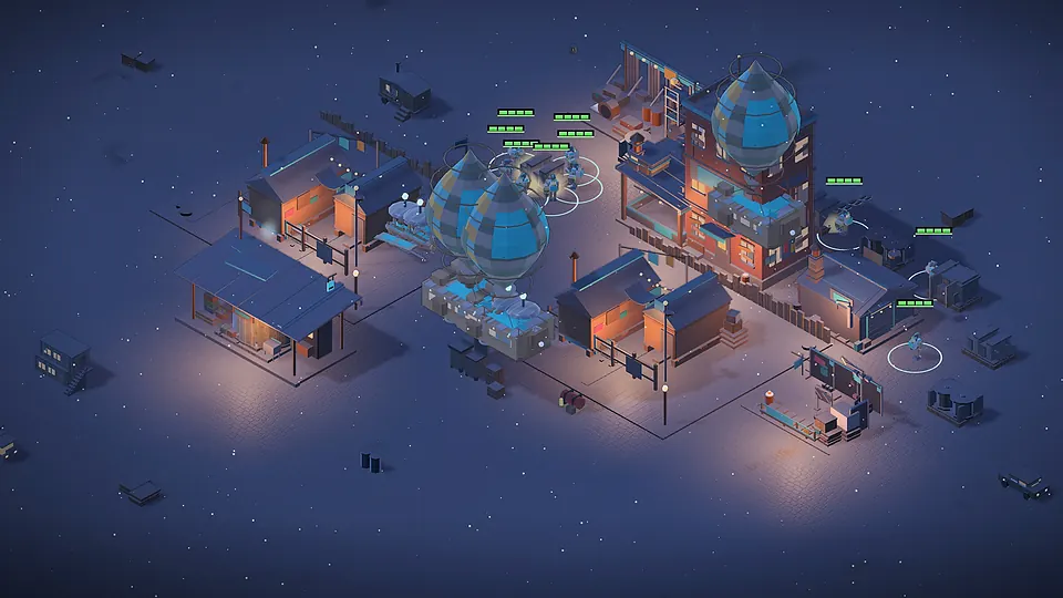 Aufnahme aus dem Spiel: Kiezpunker-Lager mit Wassertürmen und warm erleuchteten Hütten in einer verschneiten Nacht