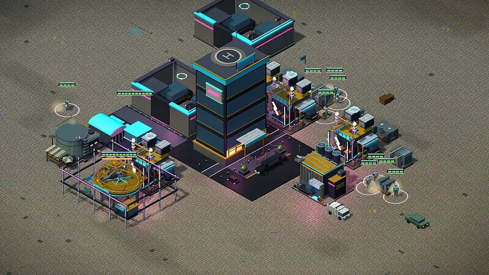 Aufnahme aus dem Spiel: Hochhaus mit Helikopterlandeplatz und Neonkanten, Garagen und Fahrzeuge der Luden auf sandfarbenem Boden