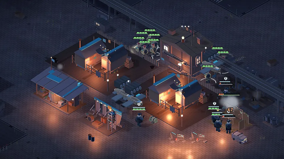 Aufnahme aus dem Spiel: Kiezpunker-Lager mit orange leuchtenden Lampen neben einer Hochbahntrasse, Nahkampf am Rand