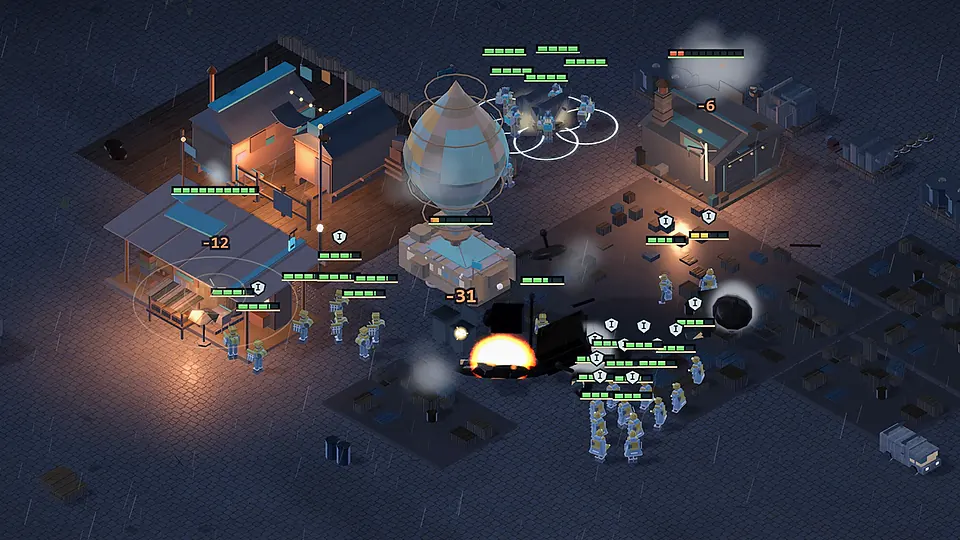 Aufnahme aus dem Spiel: Gefecht zwischen zwei Lagern bei Nacht im Regen, Explosion und Schadenszahlen zwischen warm beleuchteten Hütten