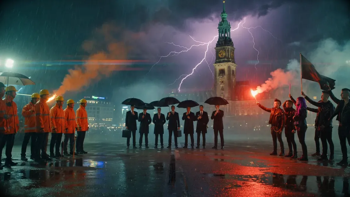 Hanse, Kiezpunker und Luden stehen sich bei Nacht unter einem Blitzhimmel vor dem Michel gegenüber, Leuchtfackeln und Regenschirme
