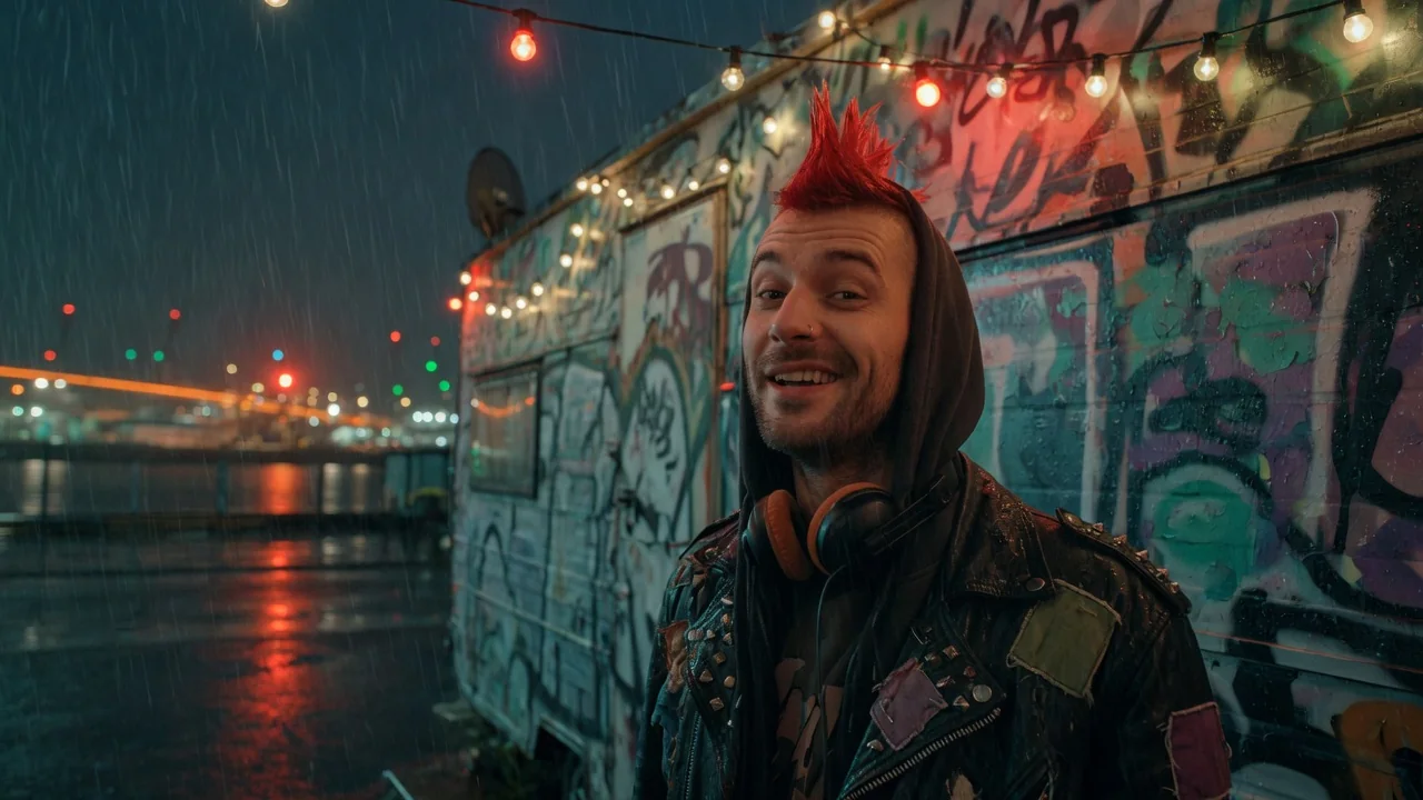 Jonte „Funke“ Albers mit roter Irokesenfrisur und Kopfhörern vor einem bunt bemalten Bauwagen im Regen