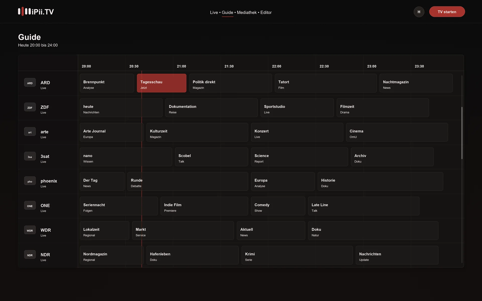iPii.TV EPG / Programmguide — Raster mit deinen Sendern